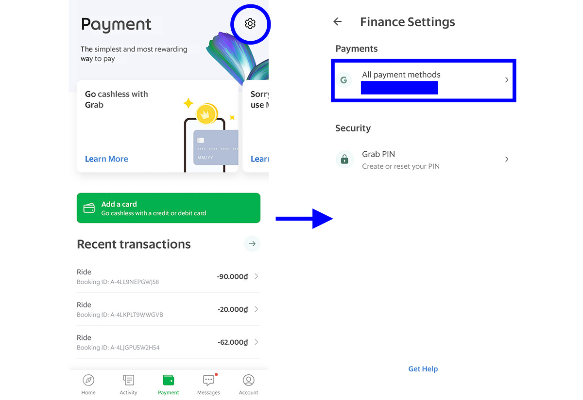 Grabでクレジットカードなど支払い方法を設定する画面