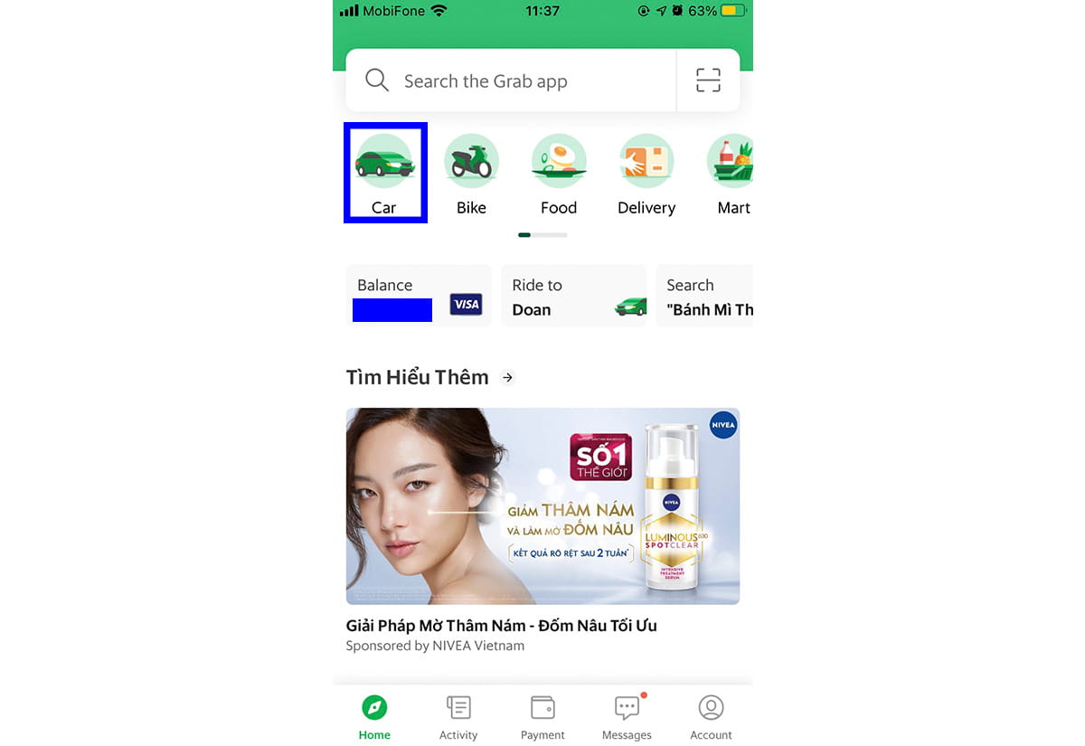 GrabでCarやBikeなど移動サービスを選ぶ画面