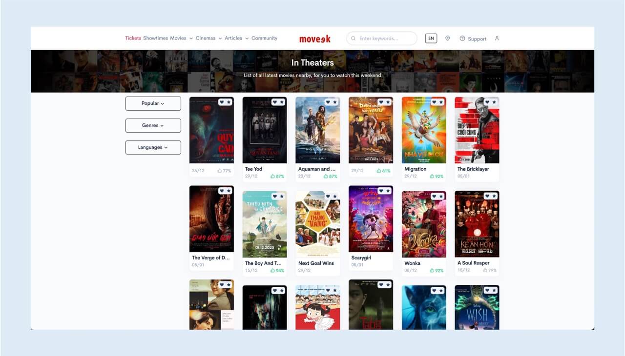 Moveekでベトナムの上映中映画を確認する画面