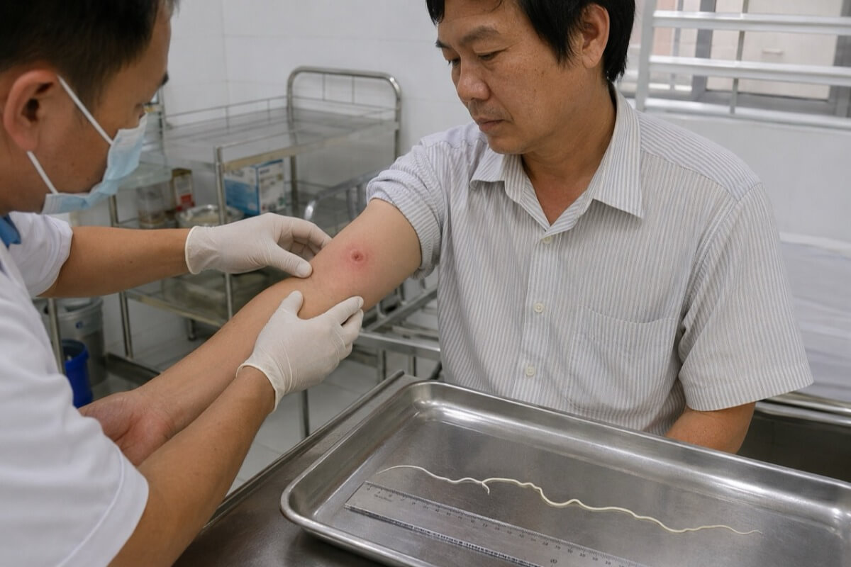 左腕の吹き出物から20cmの寄生虫、ベトナムでギニアワーム感染を確認