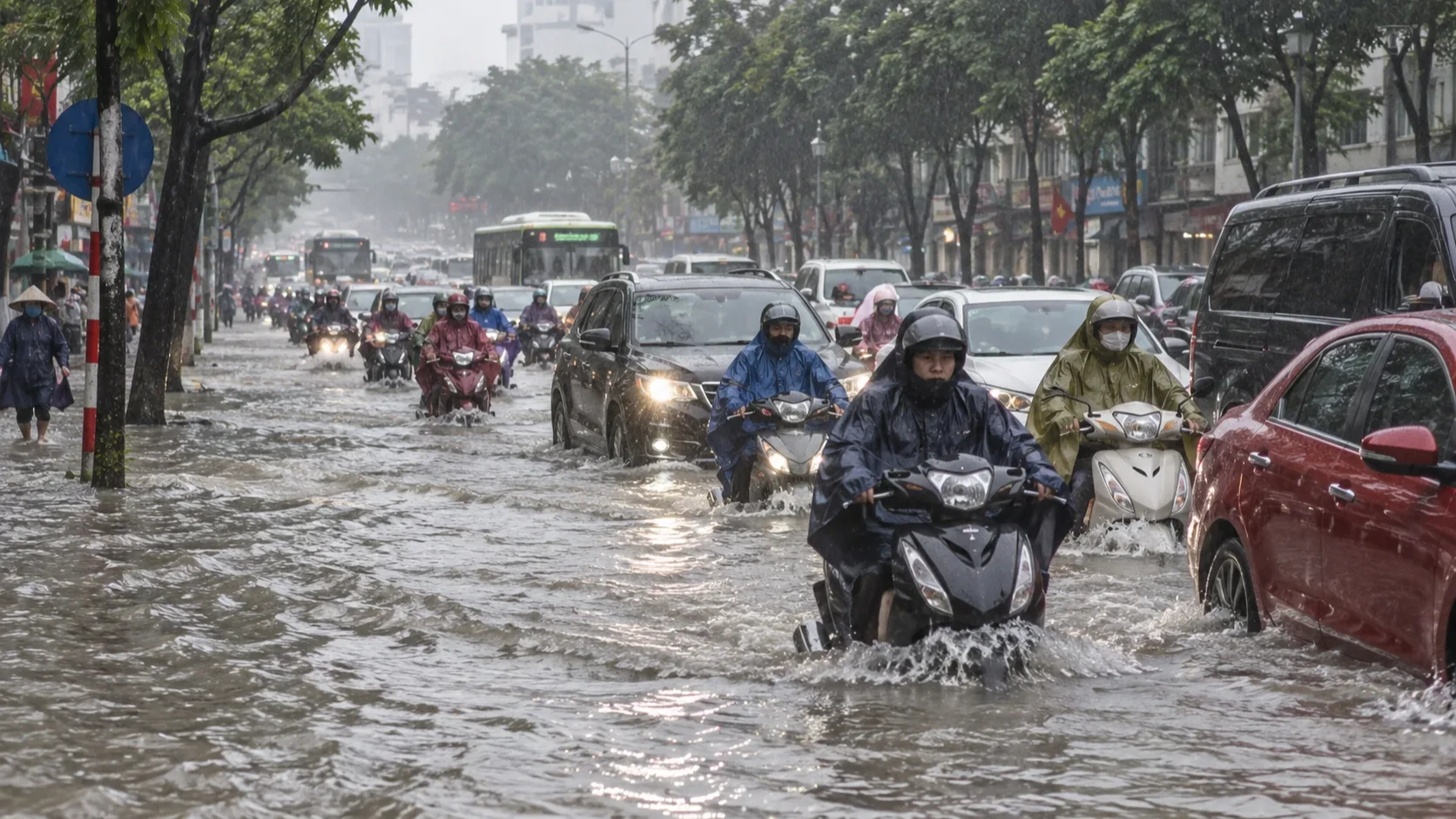 ハノイで豪雨冠水、朝9時も大渋滞 通勤・通学に大きな影響