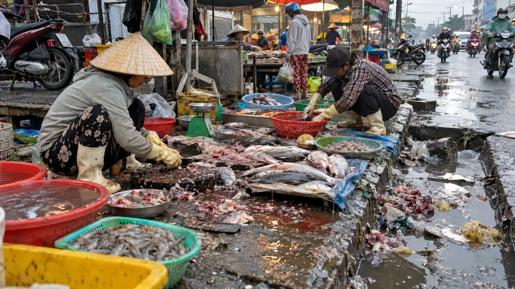 ホーチミン市の路上市場、魚を泥水のそばで販売　725回の取り締まりでも再発