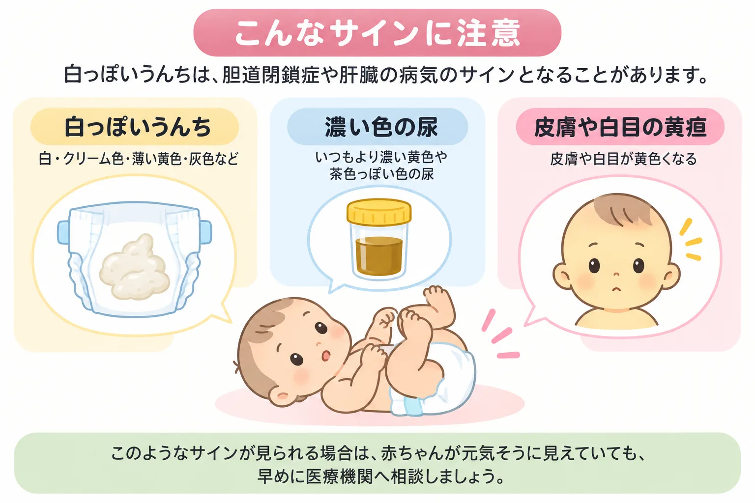 赤ちゃんの白っぽいうんち・濃い尿・黄疸のサイン