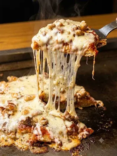 みやこ屋の濃厚ピザ風お好み焼きからチーズがとろりと伸びる様子