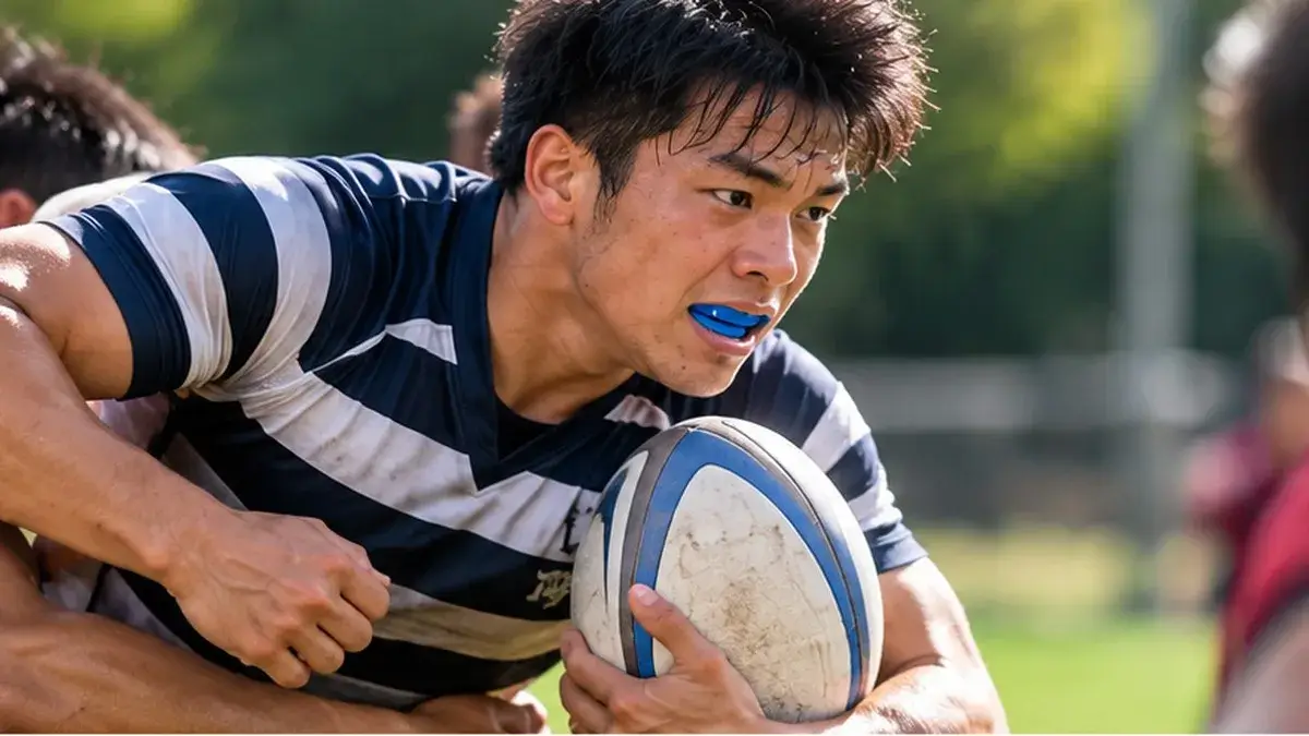 ラグビー中にマウスガードを装着している選手のイメージ