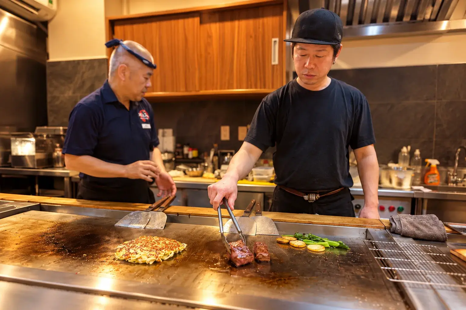 ホーチミンの鉄板やまみで鉄板料理を調理する職人